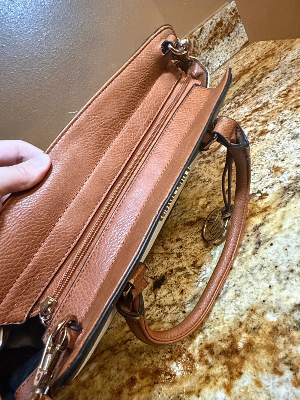 Michael Kors Black & White Striped Satchel with Brown Trim
